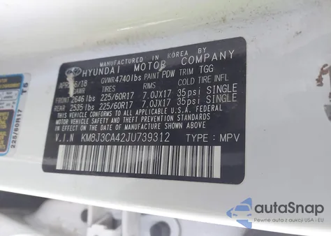 2018 Hyundai Tucson Sel z USA, uszkodzony, nr VIN KM8J3CA42JU739312